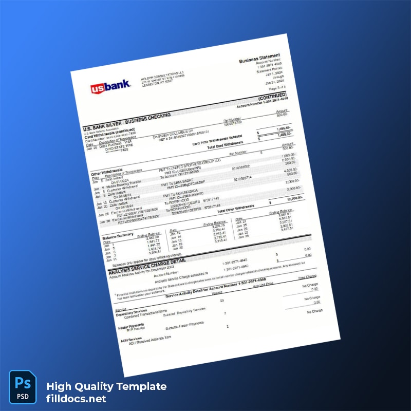 USA US Bank Bank Statement Template in Word and PDF formats page 2