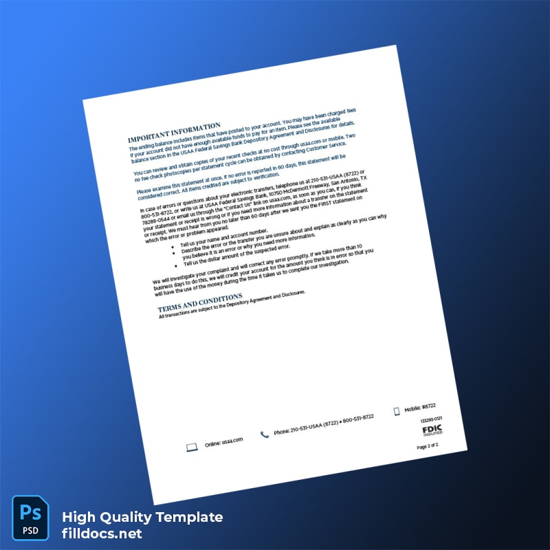 USA USAA Bank Statement Template in Word and PDF formats page 2