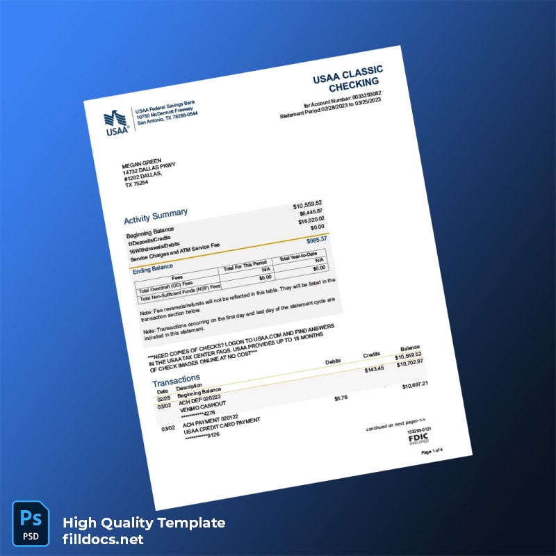 USA USAA Federal Savings Bank Account Statement Template in Word and PDF formats