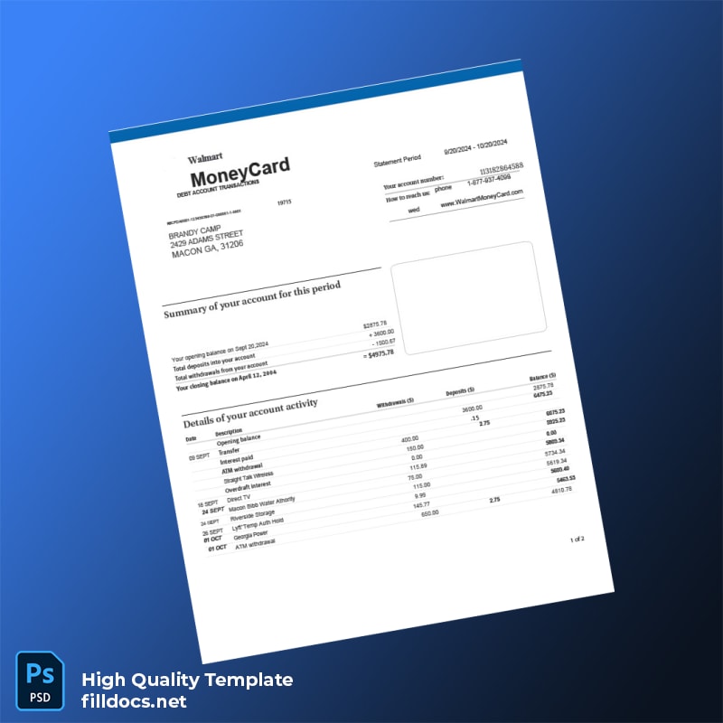 USA Walmart Bank Statement Template in Word and PDF formats