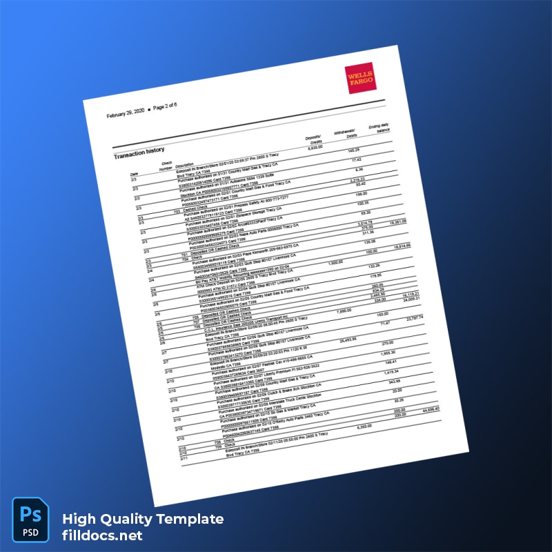 USA Wells Fargo Bank Statement Template in Word and PDF formats page 2