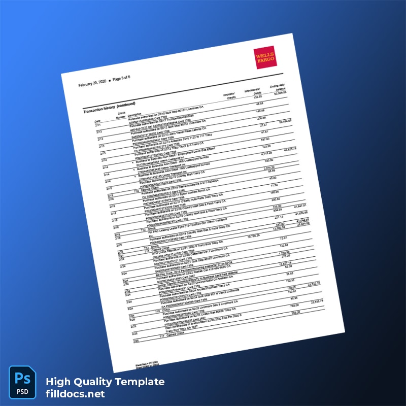 USA Wells Fargo Bank Statement Template in Word and PDF formats page 3