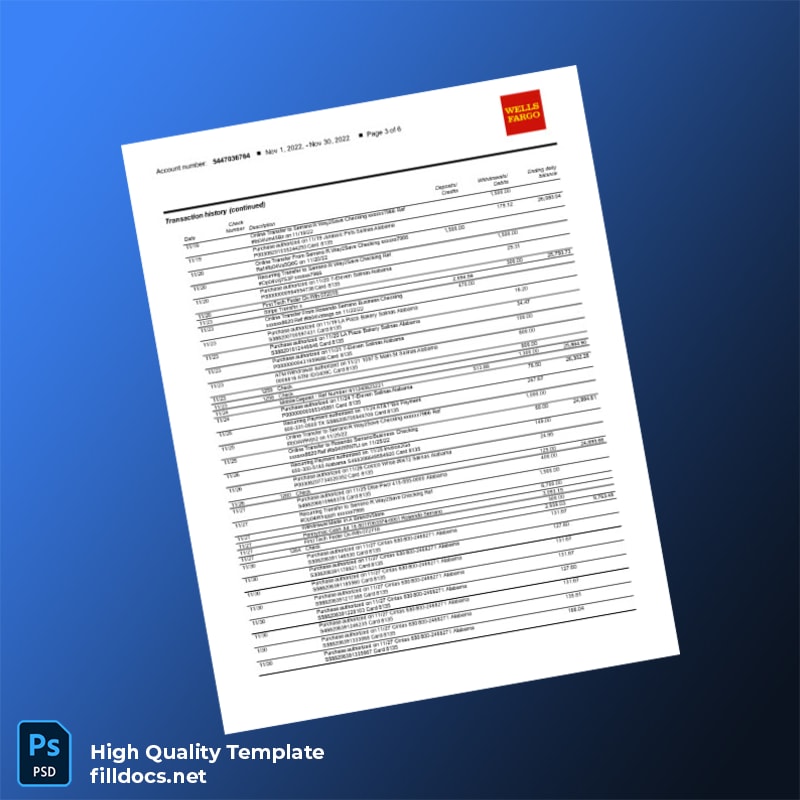 USA Wells Fargo Business Bank Statement Template in Word and PDF formats page 3