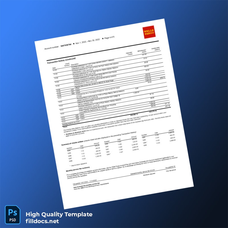 USA Wells Fargo Business Bank Statement Template in Word and PDF formats page 4
