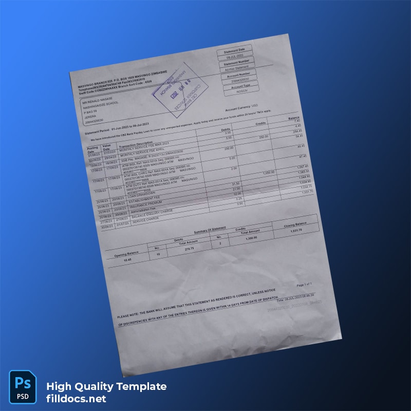 Zimbabwe CBZ Bank Statement Template in Word and PDF formats